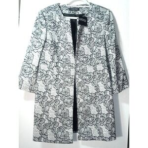 Kasper Womens Sz 14  black white Blazer Open Cardigan Brocade Embroidered Floral